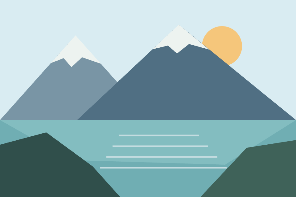Original mountain and lake illustration, 960 pixels wide and 640 pixels high
